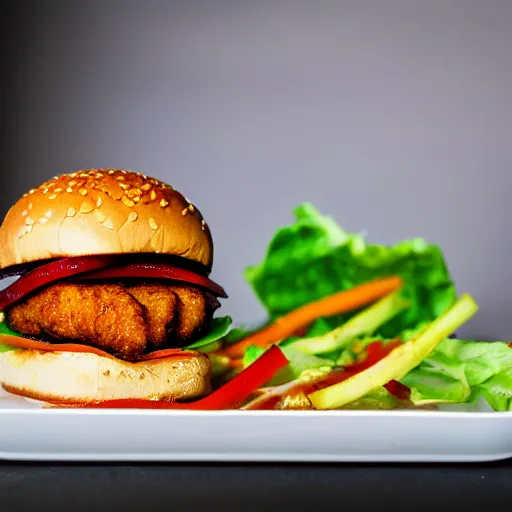 Image similar to a spicy crispy chicken burger, food photography, detailed, yum, sauce dripping down the side