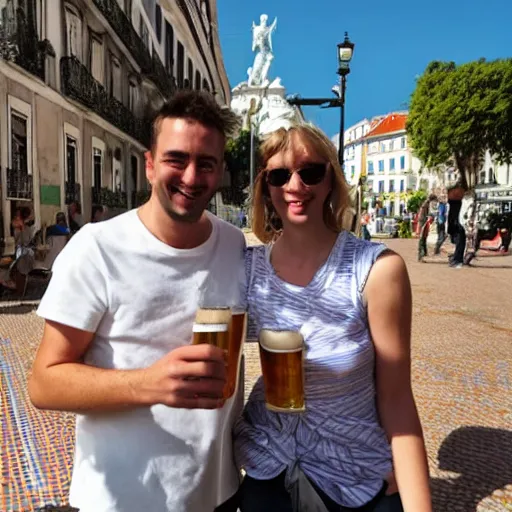 Prompt: 2 people drinking beers in lisbon