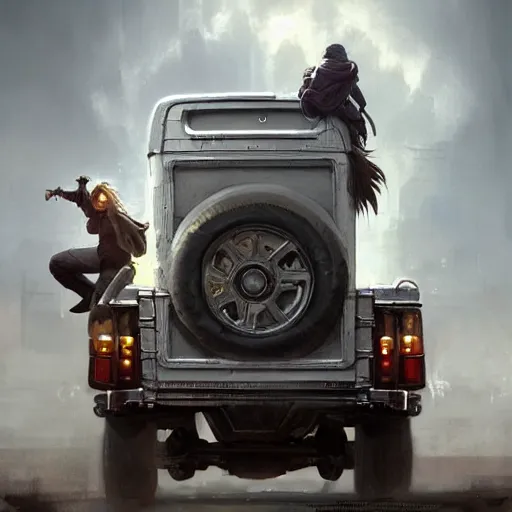 Image similar to a highly detailed epic cinematic concept art CG render digital painting artwork: the back of a steampunk truck in motion. girl in grey hoodie catches a ride on the back of a truck. By Greg Rutkowski, Ilya Kuvshinov, WLOP, Stanley Artgerm Lau, Ruan Jia and Fenghua Zhong, trending on ArtStation, made in Maya, Blender and Photoshop, octane render, excellent composition, cinematic atmosphere, dynamic dramatic cinematic lighting, aesthetic, very inspirational, arthouse