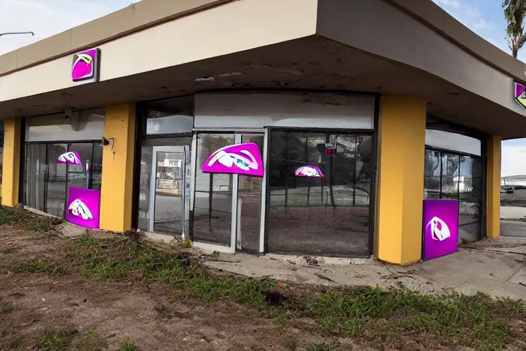 Prompt: a photo of an abandoned taco bell, high definition