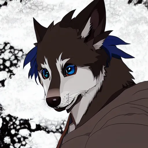 Image similar to key anime visual portrait of an anthropomorphic anthro wolf fursona, in a jacket, with handsome eyes, official modern anime art