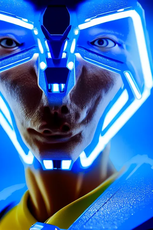 Image similar to hyperrealistic close-up blue glow exoskeleton!! chinese man covered highly detailed concept art eric zener elson peter cinematic side hard yellow light low angle hd 8k sharp shallow depth of field