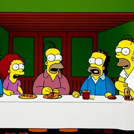 Image similar to the last supper as a still from the simpsons