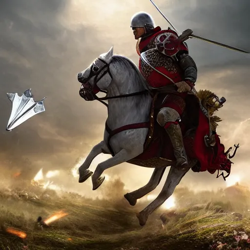 Prompt: a hero from the war of the roses riding an armored horse into battle with a lance and shield, epic, glory, high detail cinematic lighting