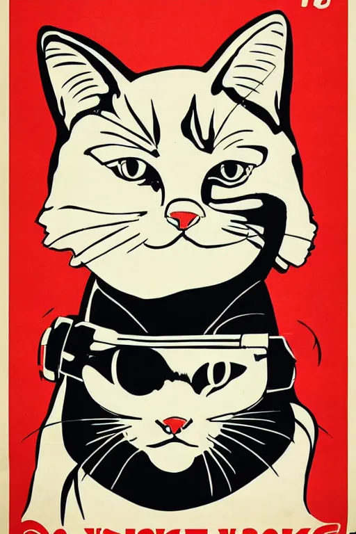 Prompt: 1934 communist screen print poster of a cat in a VR helmet