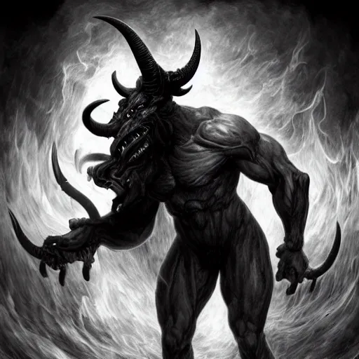 Image similar to full body, grayscale, James Daly, Gustave Dore, muscled humanoid balrog demon, horns, claws, large horned tail, heroic pose, swirling flames