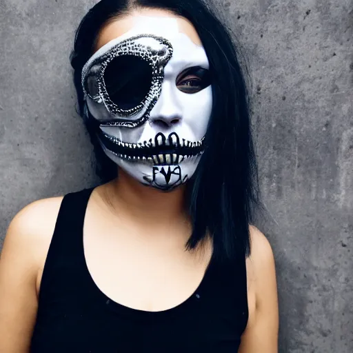 Image similar to very cool girl brilliant silver hair girl wearing a silver sugar skull mask techwear cyberpunk style outfit full body nose piercing detailed portrait intricate comp