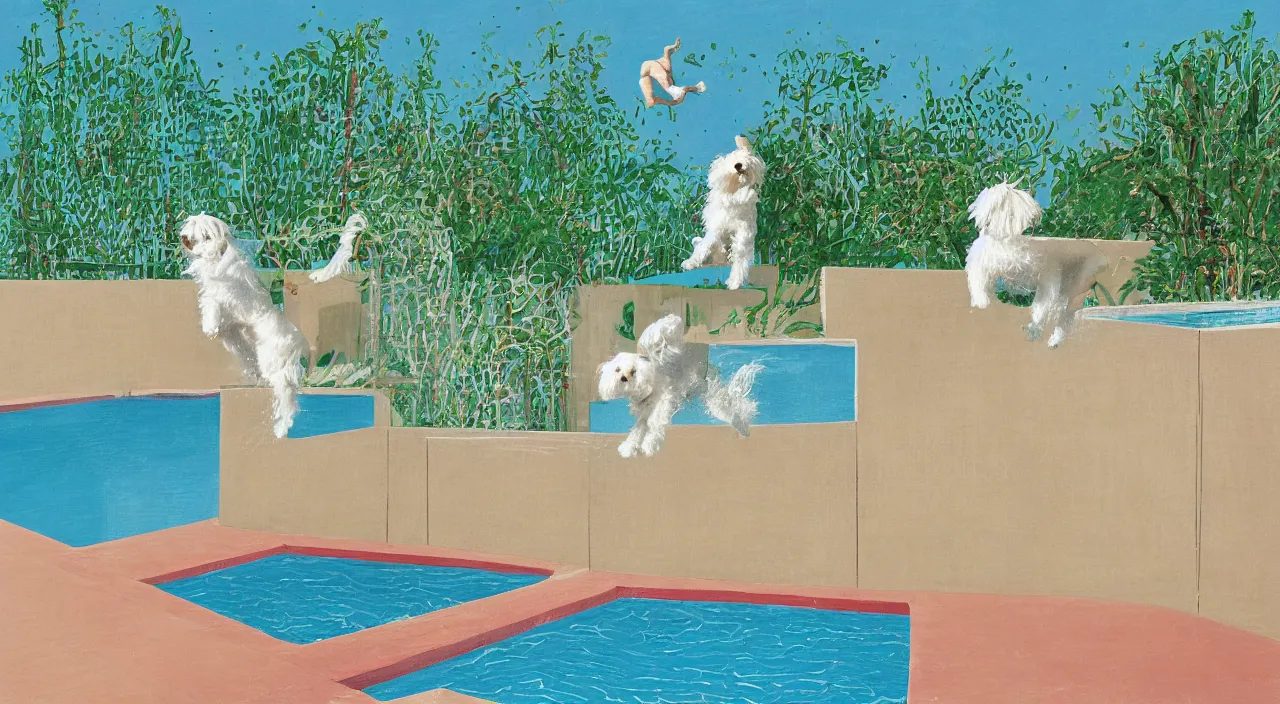 Image similar to medium shot of one cream colored havanese dog jumping off a diving board into a pool at a mid century modern house in palm springs by david hockney