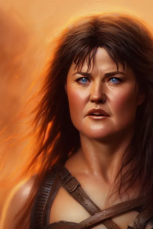 Prompt: ultra detailed close up facial portrait of young lucy lawless as xena, extremely detailed digital painting, in the style of fenghua zhong and ruan jia and jeremy lipking and peter mohrbacher, mystical colors, rim light, beautiful lighting, 8 k, stunning scene, raytracing, octane, trending on artstation