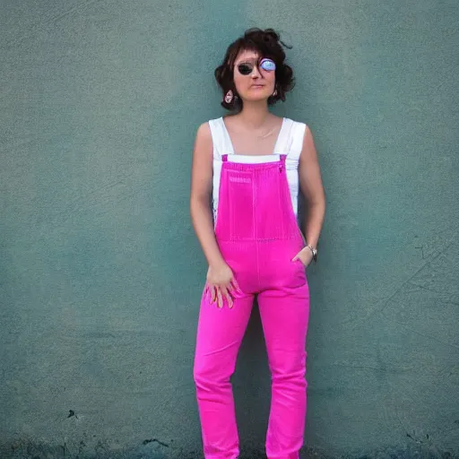 Image similar to a photo of a woman in cyan and pink overalls