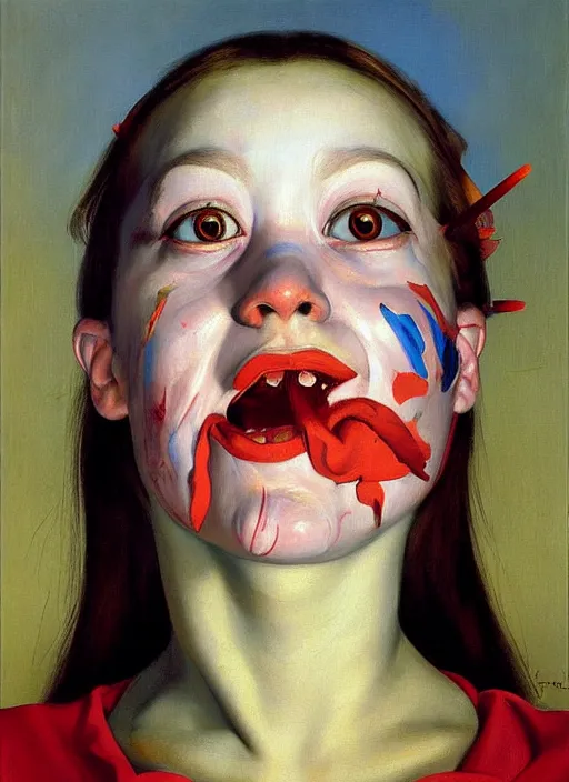 Prompt: Oil painting - portrait of a cross-eyed jester girl by Jenny Saville, Masterpiece, Edward Hopper and James Gilleard, Mark Ryden, Wolfgang Lettl highly detailed, hints of Yayoi Kasuma