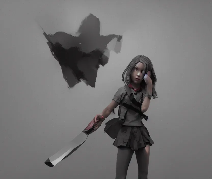 Image similar to school girl holding a knife, gloomy and foggy atmosphere, octane render, artstation trending, horror scene, highly detailded