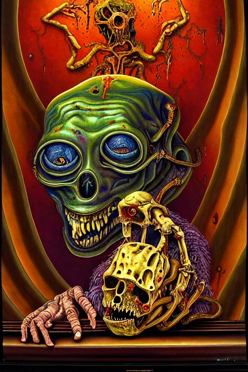 Image similar to a hyperrealistic painting of a lost treasure found being guarded by monstrosity, cinematic horror by jimmy alonzo, the art of skinner, chris cunningham, lisa frank, richard corben, highly detailed, vivid color,