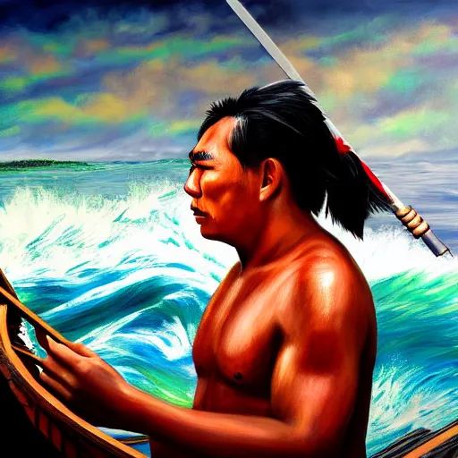 Prompt: a pacific islander warrior on a boat painting, 4 k, hyper realistic, dslr, high resolution, landscape, beautiful