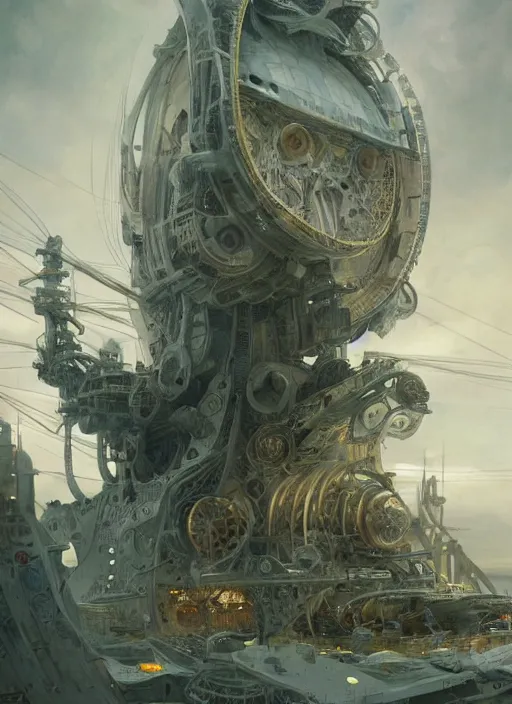 Image similar to epic concept illustration, highly detailed, intricate mechanical design, hard science concept art, star fleet nautilus ship being prepared for launch, by greg rutkowski and alphonse mucha. uhd, cinematic lighting, amazing depth, cinematography by 2 0 1 7