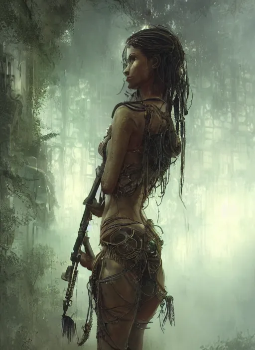 Prompt: beautiful portrait of a young very beautiful cute tribal woman with a steampunk gun, in a post apocalyptic city overgrown with lush vegetation, by Luis Royo, by Greg Rutkowski, dark, gritty, intricate, head space, cover illustration, concept art, volumetric lighting, volumetric atmosphere, octane render, trending on artstation, 8k