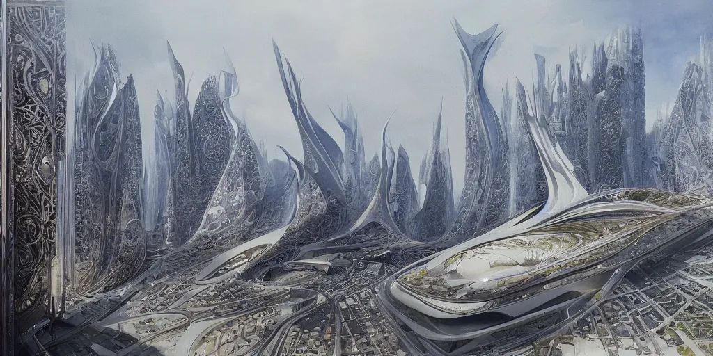 Image similar to a beautiful painting of epic fantasy islamic zaha hadid city by alan lee, trending on artstation