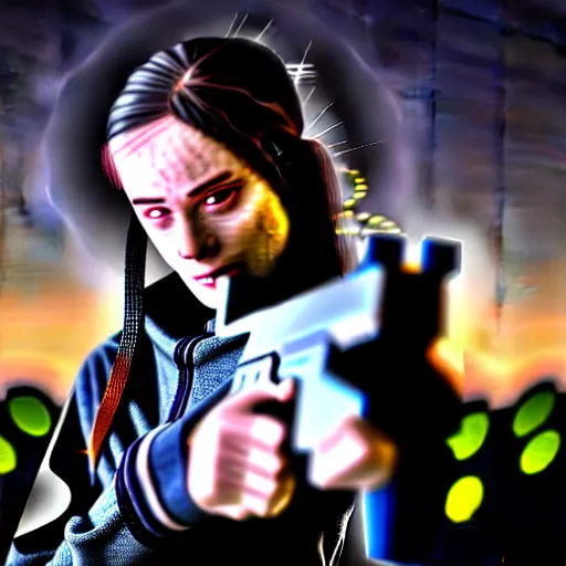 Image similar to photographic portrait of a techwear woman holding a Glock 18, closeup, on the rooftop of a futuristic city at night, sigma 85mm f/1.4, 4k, depth of field, high resolution, full color, award winning photography