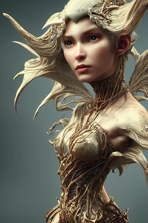 Image similar to beautiful biomechanical impish elven incredible hair, masterpiece crystalline incrustations, hyperdetailed face, elegant pose, movie still, intricate, octane render, cinematic lighting, cgsociety, unreal engine,