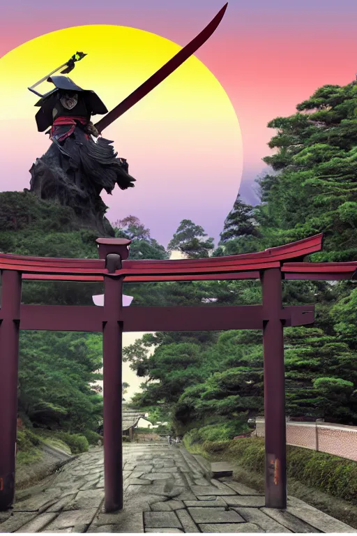 Prompt: a godlike and indomitable helmeted samurai wielding their Odachi before a large Torii gate, the rising sun in the background. Photo realistic. Award winning