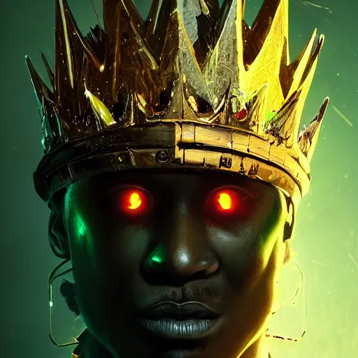 Image similar to a dark and ominous african moor with glowing eyes and a golden crown with a ruby, Apex Legends character digital illustration portrait design, by android jones and greg rutkowski in a cyberpunk voodoo style, detailed, cinematic lighting, wide angle action dynamic portrait