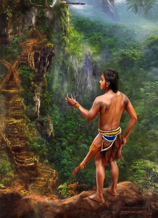 Prompt: a young indigenous amazon man standing at the top of a cliff, matte painting, ayahuasca, fantasy art, highly detailed