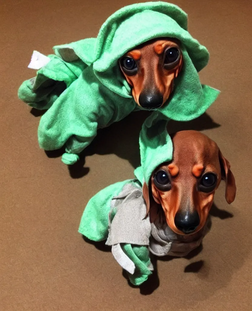 Prompt: a dachshund dressed as Baby Yoda,