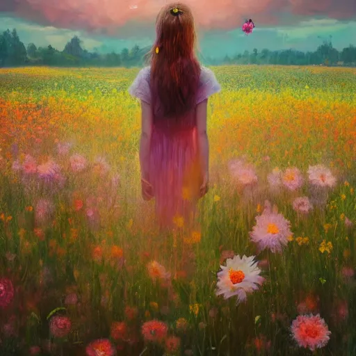 Image similar to girl with an blooming flower for a face, surreal photography, dream, standing in flower field, magical, in a valley, sunrise dramatic light, impressionist painting, colorful clouds, artstation, simon stalenhag, exploding flower face