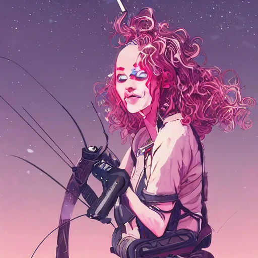 Image similar to close up, pose pointing with an arrow bow and screaming!!, a grungy cyberpunk anime, very cute, by super ss, curly pink hair, night sky by wlop, james jean, victo ngai, highly detailed