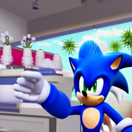 Image similar to Sonic the Hedgehog at a nail salon getting his nails done, POV, unreal engine