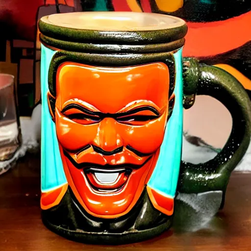 Prompt: max headroom tiki mug