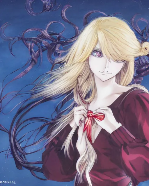 Image similar to illustration of a blonde twintails hair with ribbons anime girl with red eyes in the style of studio ghibli, ayami kojima, akihiko yoshida and 90's anime