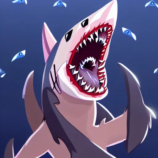 Image similar to A shocked wolf with shark teeth, trending on pixiv