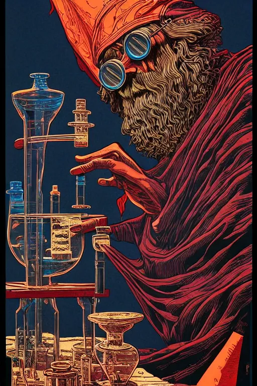 Prompt: ancient cloaked wizards mixing potions in his laboratory, high details, intricately detailed, by vincent di fate, inking, 3 color screen print, masterpiece, trending on artstation,, sharp, details, hyper - detailed, hd, 4 k, 8 k