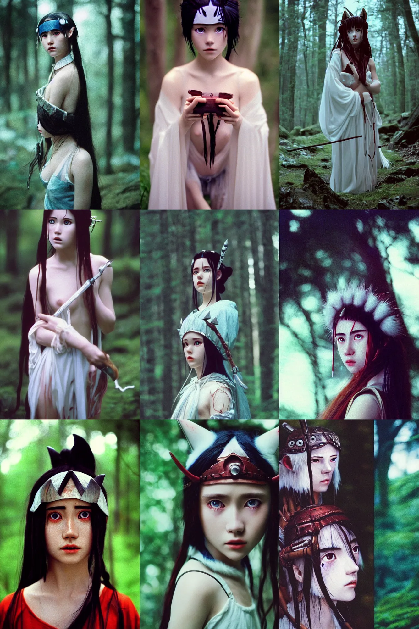 Prompt: Cinestill 800t, 8K, 35mm; beautiful ultra realistic minimalistic Princess Mononoke (1997) film still scene, 1990s frontiers in human fashion magazine September Agnieszka Lorek retrofuturism Holy Herndon seinen manga edition, highly detailed, extreme closeup three-quarter portrait, tilt shift background, three point perspective, focus on model;suit;pursed lips;eye contact;pointé pose, soft lighting