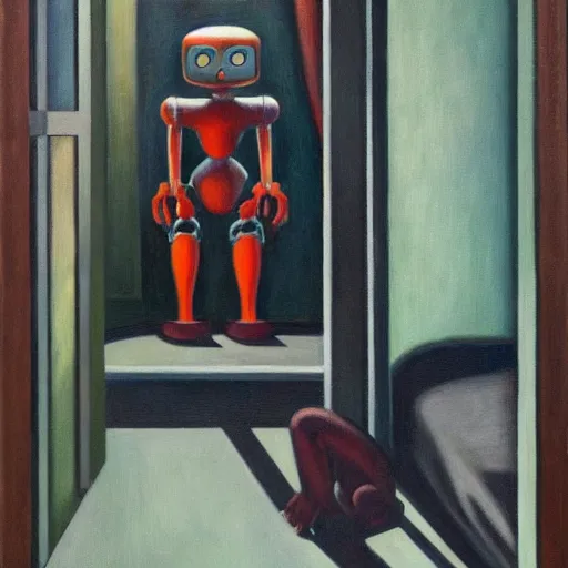 Image similar to weary robot emporer, dystopian, pj crook, edward hopper, oil on canvas