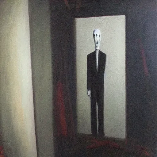 Image similar to slenderman in backroom, oil paining, dark