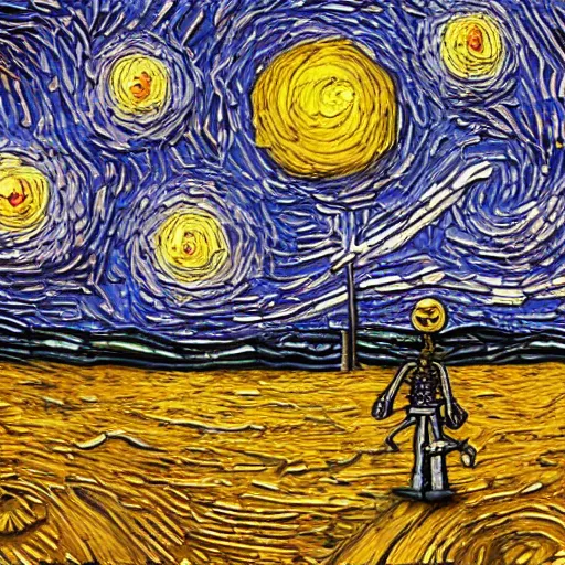 Image similar to 3 d render, skeleton, ship, walking, desert, in the style of van gogh starry night.