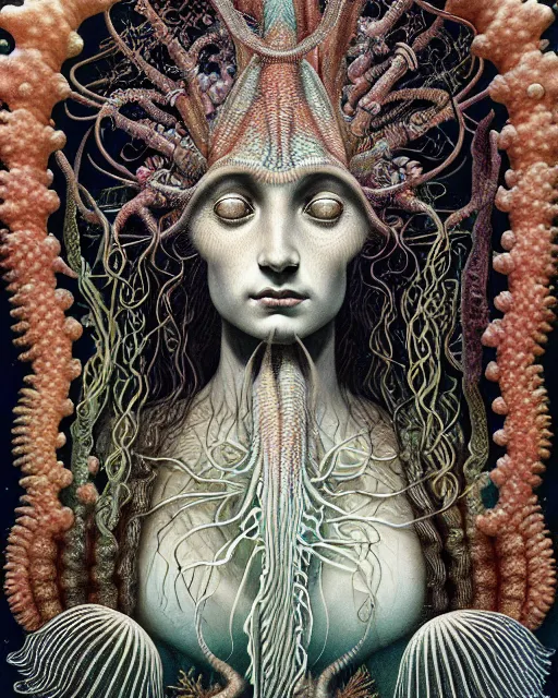 Image similar to realistic detailed underwater portrait of the beutiful young goddess of the fish of the three times with an intricate headdress of corals, sea kelp, sea plants, fish, jellyfish, art by ernst haeckel, zdzisław beksinski, gothic, neo - gothic, ornamental,