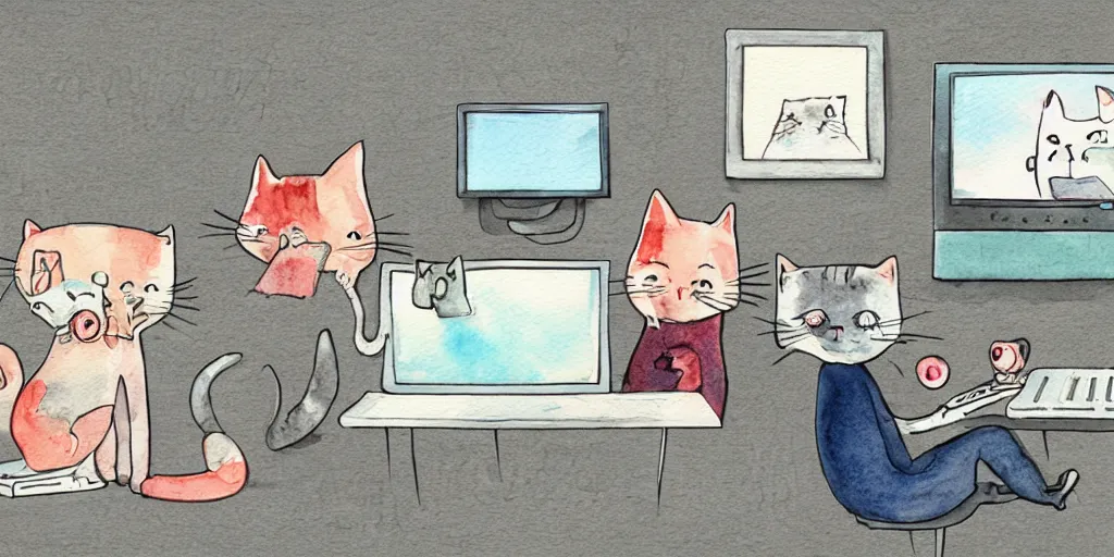 Prompt: watercolor illustration style, cute cats watch the news in computer monitor