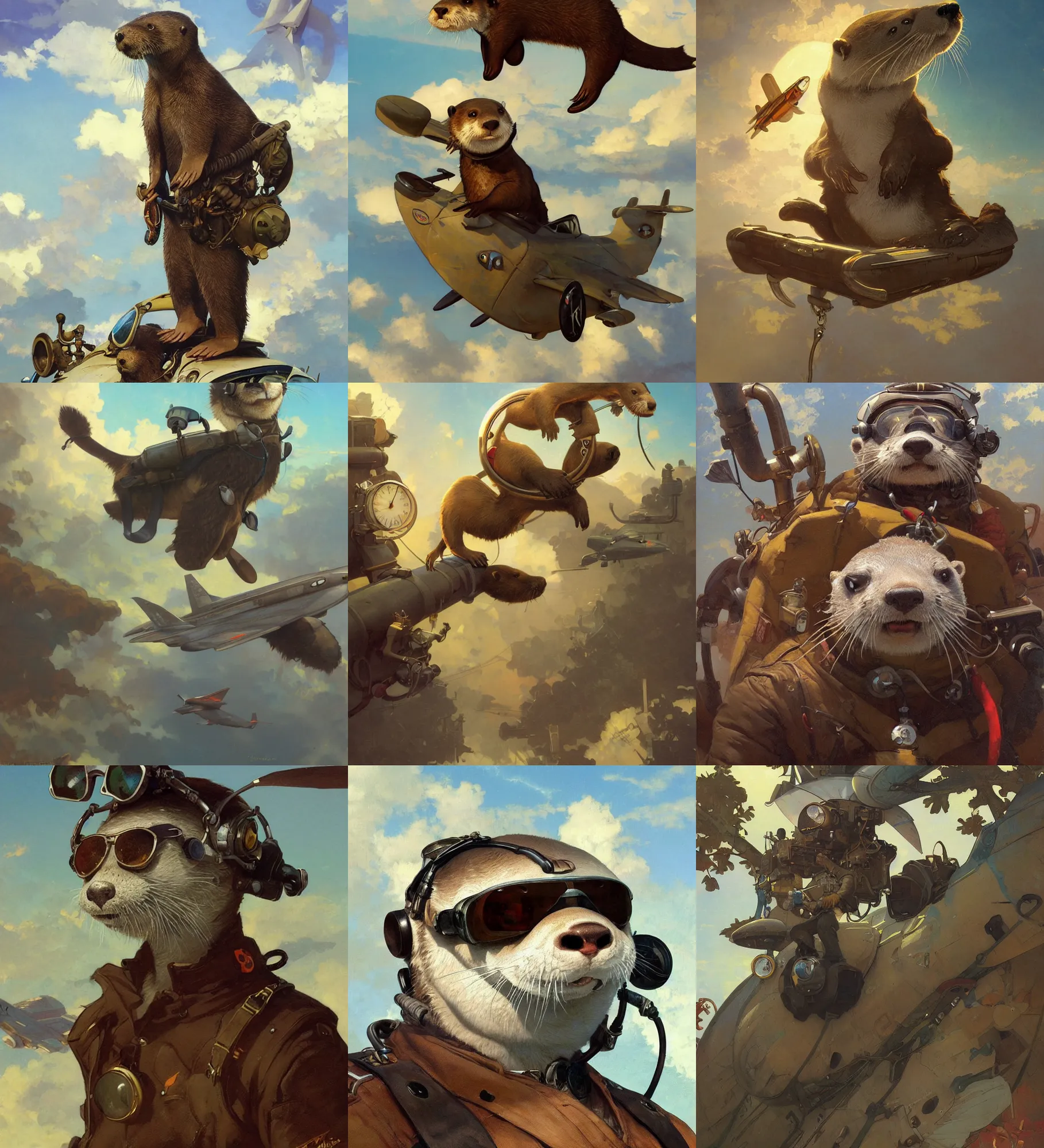 Prompt: anthropomorphic otter aviator pilot. renowned character illustration by greg rutkowski, thomas kindkade, alphonse mucha, loish, norman rockwell. trending on artstation. digital art.