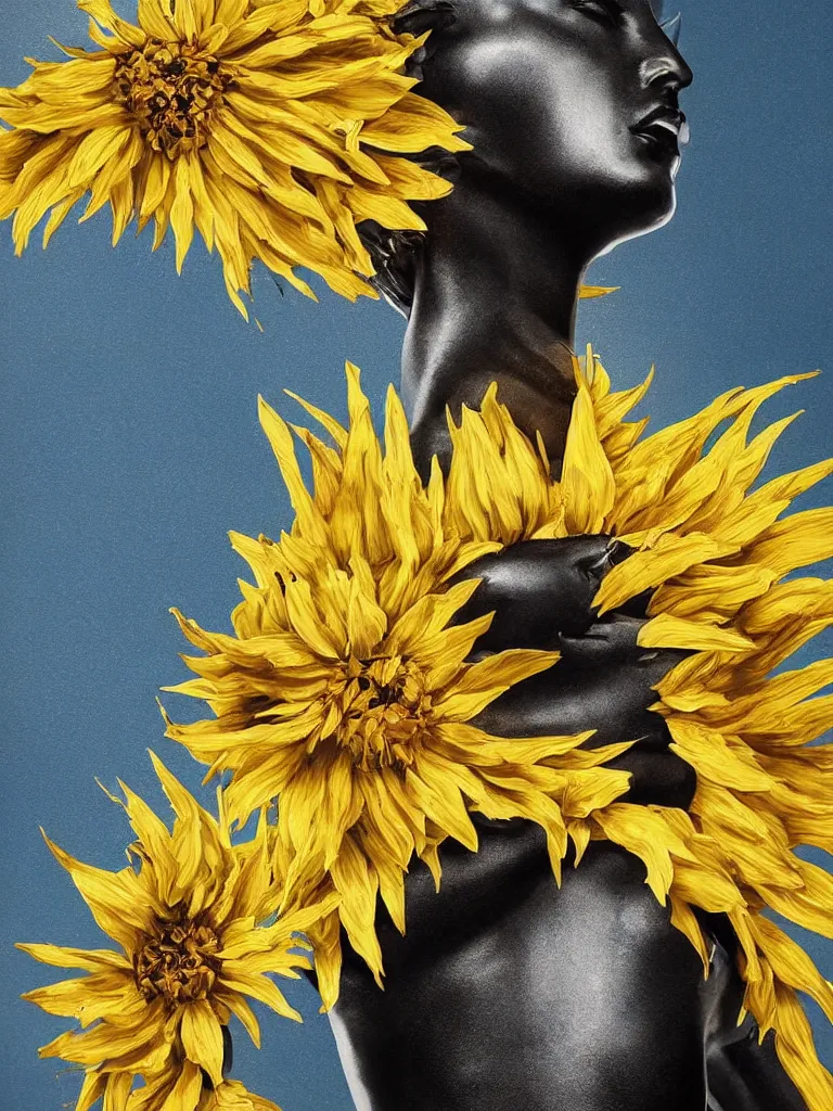 Prompt: symmetrical painting of a fractured dark obsidian greek statue of female beauty, yellow topaz spikes sunflowers, lightblue dripping acrylic paint and tar, repaired with magenta kintsugi, rendered in octane trending on cgsociety. extremely detailed and intricate art, corruption, sleek