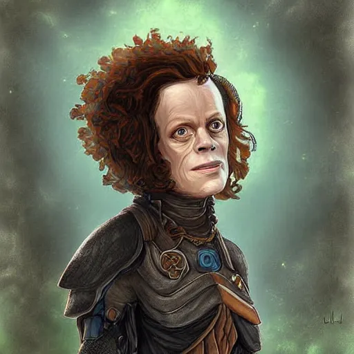 Prompt: sigourney weaver as a d & d dwarf cleric, fantasy art, digital art, character portrait