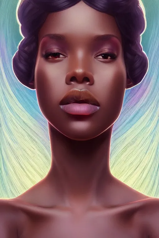 Image similar to beautiful black woman with gorgeous pastel balayage hairstyle, as seen on artgerm, octane render, in the style of alphonse mucha, ultra realistic, highly detailed, 8 k