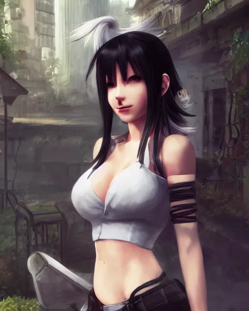 Image similar to tifa lockhart with white hair, beautiful face, very shy, elegant clothes, introverted, garden, utopian city, solarpunk, perfect, attractive, illuminated, ultra realistic, atmosphere, cinematic, artstation, highly detailed