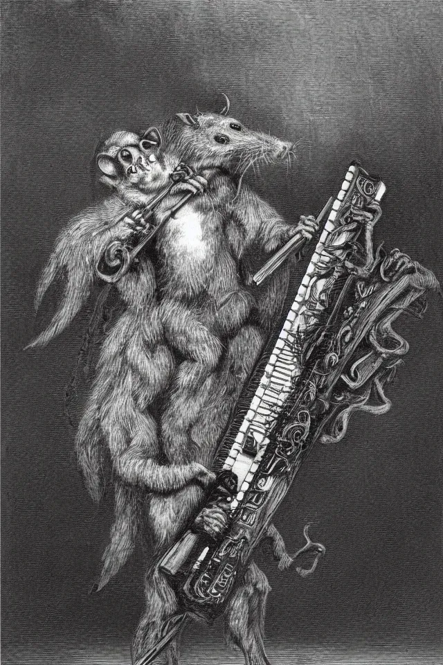 Image similar to A demonic opossum playing a keytar by Gustave Dore, full body grayscale drawing, disturbing, hellish