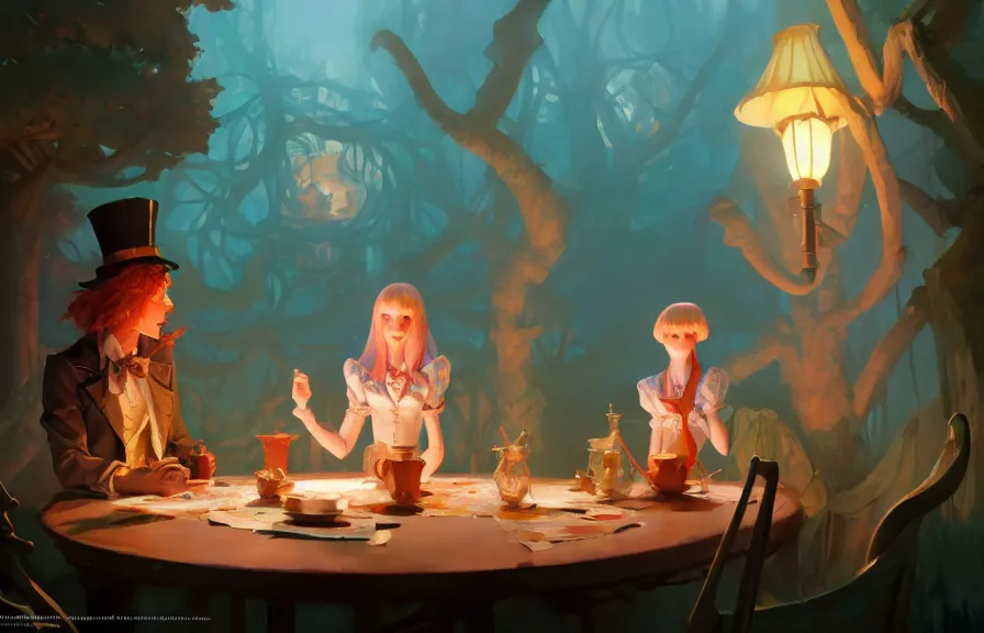 Prompt: alice in wonderland in disco elysium by greg manchess concept art, key visual, ambient lighting, highly detailed, digital painting, artstation, concept art, sharp focus, by makoto shinkai and akihiko yoshida and hidari and wlop and greg rutkowski