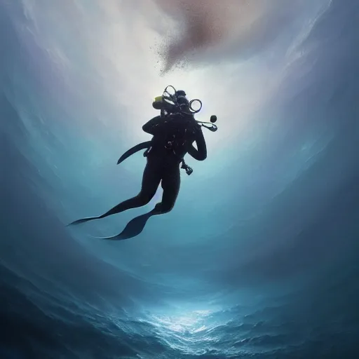 Image similar to a dream fantasy painting of a scuba diver trapped in a maelstrom, trending on artstation, deviantart, matte painting by greg rutkowski, holly bruce, jon kuo