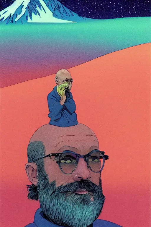 Image similar to a colorful closeup portrait of a bald man with a huge beard tasting a blotter paper of lsd acid and dreaming psychedelic hallucinations in the vast icy landscape of antarctica, by kawase hasui, moebius and edward hopper, colorful flat surreal design, hd, 8 k, artstation