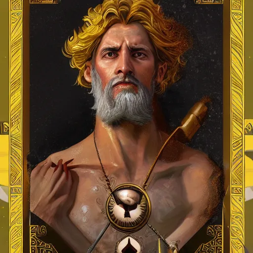 Image similar to portrait zeus, full tarot card, ornate, ultradetailed, digital art, irina french, heraldo ortega, mandy jurgens, golden ratio, art canvas, award winning, masterpiece trending on artstation 8 k 1 5 0 mpx